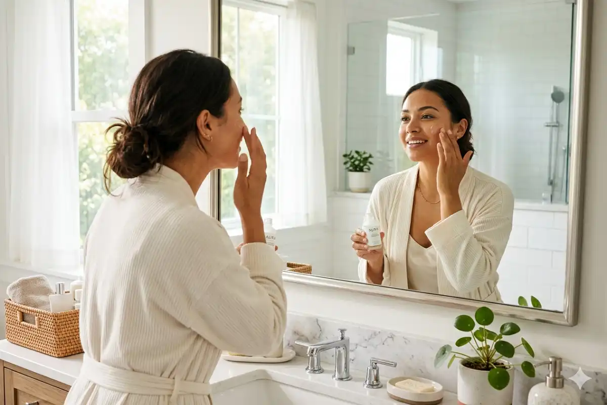 A person applying Zo Skin Health serum to their face as part of a morning skincare routine