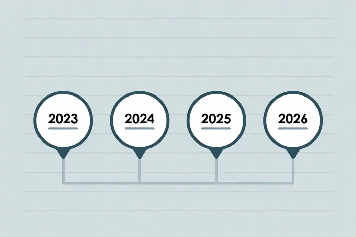 Simple timeline graphic showing the key dates of the case from 2023 to 2026