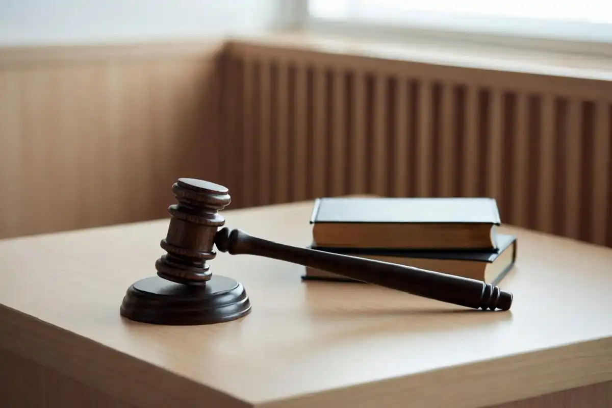 Criminal responsibility explained with a gavel and legal books on a courtroom desk